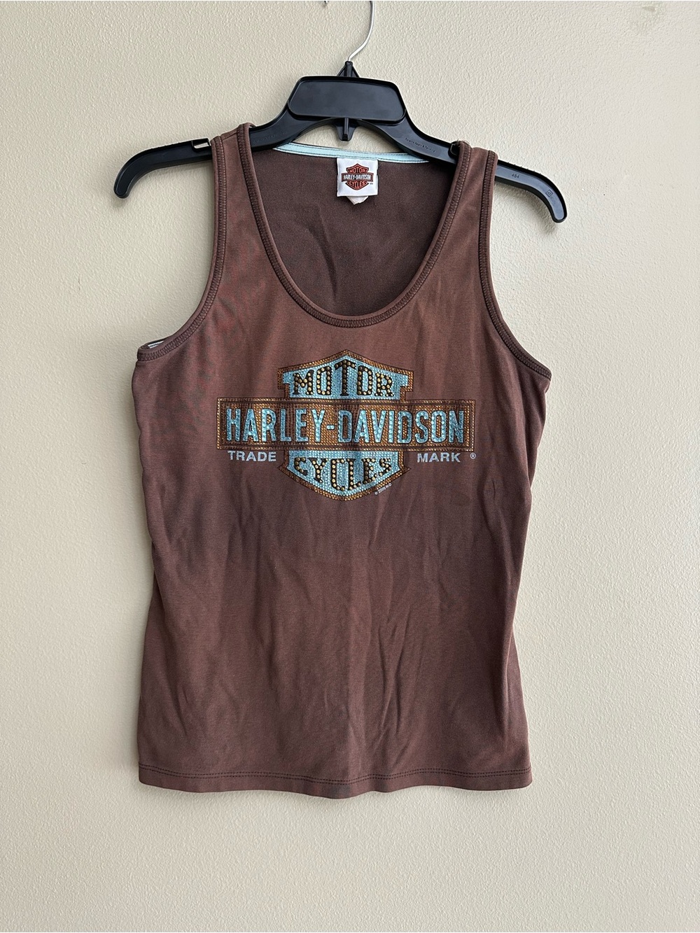 Harley-Davidson Bedazzled Brown Tank Top with Turquoise Logo